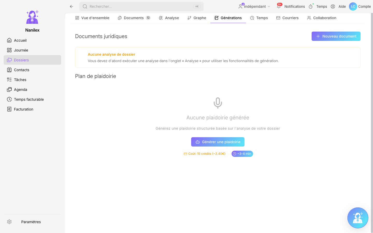 Interface de génération de documents dans Nanilex